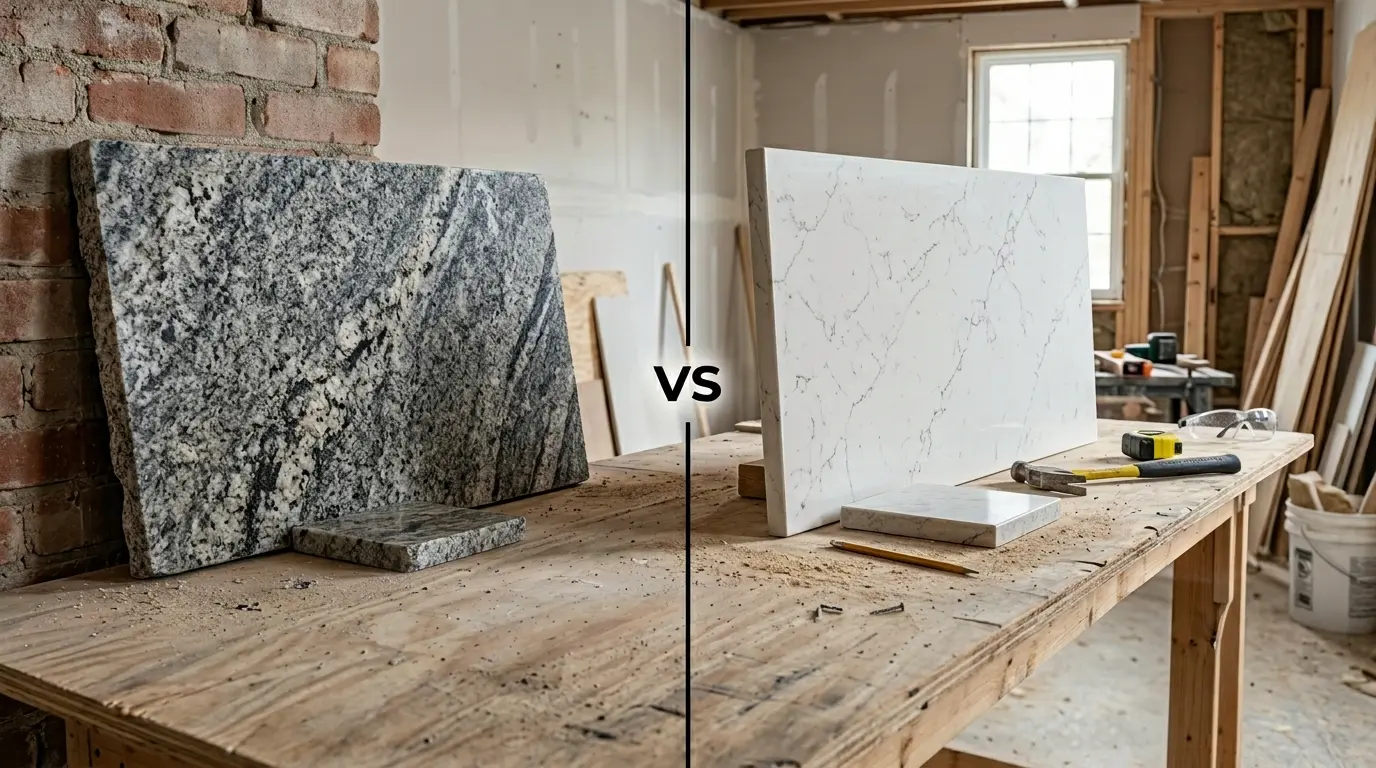 Granite and quartz countertop comparison in a Virginia kitchen by FT Remodeling